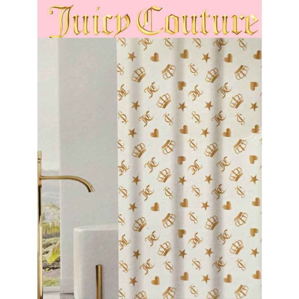 Juicy Couture Home JC Logo Heart, Crown, & Stars Fabric Shower Curtsin w/Hooks